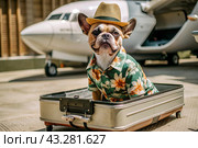 A stylish puppy on a journey, a charming funny dog in a Hawaiian shirt and hat, sitting in an open suitcase. The concept of summer holidays and traveling with animals. Стоковое AI-изображение, AI-художник Photojuli / Фотобанк Лори