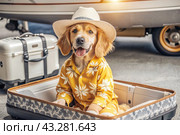 A stylish puppy on a journey, a charming funny dog in a Hawaiian shirt and hat, sitting in an open suitcase. The concept of summer holidays and traveling with animals. Стоковое AI-изображение, AI-художник Photojuli / Фотобанк Лори