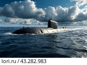 Scene of surfaced unknown nuclear submarine at north waters in open sea/ocean. Sub military control of sea, protection of water. Naval forces army, military war technology concept. Copy ad text space. Стоковое AI-изображение, AI-художник Aleksandr Golubev / Фотобанк Лори