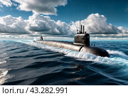 Scene of surfaced unknown nuclear submarine at north waters in open sea/ocean. Sub military control of sea, protection of water. Naval forces army, military war technology concept. Copy ad text space. Стоковое AI-изображение, AI-художник Aleksandr Golubev / Фотобанк Лори