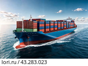 Aerial view of container ship sailing in open sea/ocean on skyline, daytime. Export freight transportation by container ship. Cargo shipping business logistics import concept. Copy ad text space. Стоковое AI-изображение, AI-художник Aleksandr Golubev / Фотобанк Лори