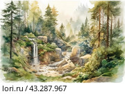 A picturesque forest landscape made in watercolor technique. In the center of the composition there is a small waterfall, the water of which rushes down the rocky slope, creating a babbling stream. Tall coniferous trees and dense bushes grow around the waterfall, which gives the picture a feeling of calm and privacy. In the background you can see mountains shrouded in light fog, creating an atmosphere of mystery and grandeur of nature. Soft and delicate shades of green and brown emphasize the harmony and beauty of wild nature. This image is ideal for use in projects dedicated to nature, ecology and outdoor recreation. Стоковое AI-изображение, AI-художник Анна Кривицкая / Фотобанк Лори