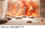 Visualize a room abundant with cushions and candles strategically arranged throughout the space. Стоковое AI-изображение, AI-художник Юрий Поздников / Фотобанк Лори