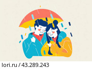 Impenetrable rain sends a man and a woman seeking refuge beneath a shared umbrella. Стоковое AI-изображение, AI-художник Юрий Поздников / Фотобанк Лори