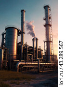Industrial factory with furnace and heat exchanger cracking hydrocarbons, sunset. Equipment petrochemical plant. Manufacturing and industry technology concept. Gen ai illustration. Copy ad text space. Стоковое AI-изображение, AI-художник Aleksandr Golubev / Фотобанк Лори