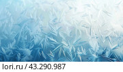 Winter frost patterns on glass. Ice crystals. Abstract light blank cold winter background or wallpaper. Frost patterns on frozen window. Frosted glass. Freezing effect. Frostwork. Harsh season. Cold. Стоковое AI-изображение, AI-художник Марина Демидюк / Фотобанк Лори