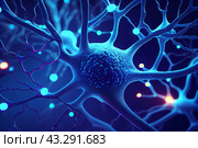 neuron cell in a neural network connected by axons to neurons transmitting electrical chemical impulses on dark blue background for scientific, educational apps, neuroscience pharmaceutical research. Стоковое AI-изображение, AI-художник Ольга Яковенко / Фотобанк Лори
