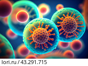 Closeup cells infected with oncogenic viruses, origin cancerous tumor. concept of oncology diagnostics, radiation and chemotherapy for pharmaceutical apps, cancer presentations, oncology websites. Стоковое AI-изображение, AI-художник Ольга Яковенко / Фотобанк Лори