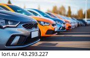A modern car dealership office. The business concept of car sales and rentals. The new car is parked in a modern car dealership. The concept of car leasing and insurance. An electric car. Стоковое AI-изображение, AI-художник Терехова Марина / Фотобанк Лори