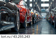 Car showroom with a magnificent view of the cars for sale. car dealer with many cars indoors. Стоковое AI-изображение, AI-художник Терехова Марина / Фотобанк Лори
