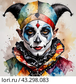 Портрет Арлекина, Джокера, клоуна. Акварель. Portrait of Harlequin, Joker, clown. Watercolor. Стоковое AI-изображение, AI-художник Гер Олег / Фотобанк Лори