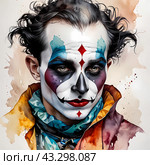 Портрет Арлекина, Джокера, клоуна. Акварель. Portrait of Harlequin, Joker, clown. Watercolor. Стоковое AI-изображение, AI-художник Гер Олег / Фотобанк Лори