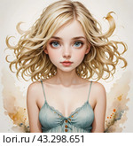 Акварель. Портрет милой  красивой девушки. Watercolor. Portrait of a cute beautiful girl. Стоковое AI-изображение, AI-художник Гер Олег / Фотобанк Лори