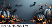 Spooky Halloween Bats Flying Over Jack OLanterns In A Dark Forest. Стоковое AI-изображение, AI-художник Юлия Гапеенко / Фотобанк Лори