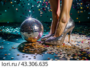 Women's legs in luxurious shiny pumps with heels at a party or disco on the background of a silver mirrored disco ball. The queen of the dance floor. Стоковое AI-изображение, AI-художник Photojuli / Фотобанк Лори
