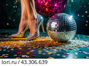 Women's legs in luxurious shiny pumps with heels at a party or disco on the background of a silver mirrored disco ball. The queen of the dance floor. Стоковое AI-изображение, AI-художник Photojuli / Фотобанк Лори