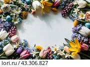 Beautiful floral background. A frame of spring flowers with tulips, daffodils, crocuses, hyacinths. View from above. Space for text. Стоковое AI-изображение, AI-художник Photojuli / Фотобанк Лори