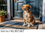 Animal care. The puppy sits patiently at the front door, looking forward to his master and walking with him. Стоковое AI-изображение, AI-художник Photojuli / Фотобанк Лори