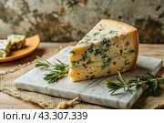 Cheese with mold, a slice of cheese with mold door blue or Roquefort on a cutting board. Delicious food. Стоковое AI-изображение, AI-художник Photojuli / Фотобанк Лори