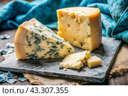 Cheese with mold, a slice of cheese with mold door blue or Roquefort on a cutting board. Delicious food. Стоковое AI-изображение, AI-художник Photojuli / Фотобанк Лори