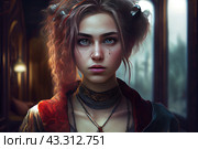 A young woman with long disheveled hair, wearing a red jacket and a black scarf. Her gaze is serious and focused, her face is decorated with small scars, which gives her an image of courage and strength. The background of the image is blurred, with soft lighting creating a mysterious atmosphere. Стоковое AI-изображение, AI-художник Анна Кривицкая / Фотобанк Лори