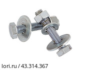 Болты, шайбы и гайки на белом фоне. Stainless steel bolts and nuts isolated on white. Стоковое фото, фотограф Татьяна Д / Фотобанк Лори