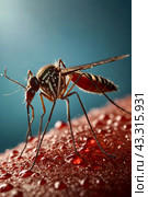 Close-up of striped mosquito on human skin, sucking human blood. Mosquitoes (Aedes aegypti), close up, macro photo. Carriers of dengue fever and malaria concept. Gen ai illustrate. Copy ad text space. Стоковое AI-изображение, AI-художник Aleksandr Golubev / Фотобанк Лори