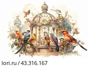 A watercolor painting with a variety of birds located against the backdrop of an elegant architectural structure reminiscent of an ancient gazebo or greenhouse. The birds are painted in bright and saturated colors, which creates a contrast with the delicate pastel colors of the background. The architecture is decorated with flowers and leaves, adding a romantic and fairytale feel to the scene. The whole composition conveys the atmosphere of a spring or summer garden, filled with life and natural beauty. Стоковое AI-изображение, AI-художник Анна Кривицкая / Фотобанк Лори