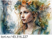 Portrait of a young woman with a wreath of flowers on her head, made in watercolor technique. Her blond hair is loose and her gaze is directed into the distance. A wreath of green, orange and blue flowers harmonizes with a soft, blurry background, creating a feeling of tenderness and natural beauty. The background includes architectural elements, giving the picture a slight mysticism and romanticism. Стоковое AI-изображение, AI-художник Анна Кривицкая / Фотобанк Лори