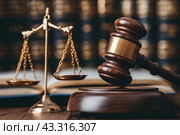 Symbols of justice: a wooden gavel and scales of justice located on a wooden table. Leather-bound law books are visible in the background, creating the atmosphere of a law library or judge's office. The gavel and scales symbolize justice and law, and the books add context to the professional and legal environment. Стоковое AI-изображение, AI-художник Анна Кривицкая / Фотобанк Лори