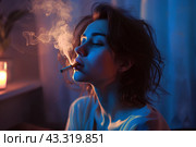 Одинокая женщина курит в комнате. Стоковое AI-изображение, AI-художник Щеголева Ольга / Фотобанк Лори