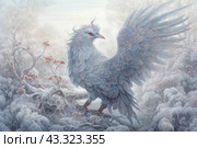 A fantastic bird with huge wings, made in the style of digital painting. The bird has bluish-gray feathers with subtle shades of pink and white. Its majestic appearance is emphasized by its wingspan and elegant plumage details. The bird stands on the branch of a quaint tree, surrounded by a winter landscape: branches and bushes are covered with frost and snow, creating the feeling of a magical forest. Delicate red flowers on the branches add contrast and liveliness to the picture. The general atmosphere of the image is fabulous and mystical. Стоковое AI-изображение, AI-художник Анна Кривицкая / Фотобанк Лори