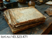 A stack of ancient yellowed manuscripts lying on a wooden table. The letters are written in ink on paper that has become very old and brittle over time. There are various antique objects, such as books and bottles, lying around, creating the atmosphere of an old office or archive. This photo conveys a sense of history, time and nostalgia for past eras. Стоковое AI-изображение, AI-художник Анна Кривицкая / Фотобанк Лори