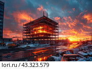 Construction site against the backdrop of a bright sunset. The unfinished metal-framed building reflects the orange and red rays of the setting sun, creating the impressive effect of a flaming building. Construction machinery and equipment can be seen in the foreground, including excavators and a crane. A winter landscape with remnants of snow and dirt on the ground adds contrast and drama to the scene. The sky is filled with fiery clouds reflected in puddles and creating an atmosphere of grandeur and dynamism. Стоковое AI-изображение, AI-художник Анна Кривицкая / Фотобанк Лори