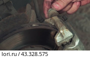 Real shot of a mechanic in a car repair shop unscrewing a caliper bolt to replace brake pads. Car repairs. Стоковое видео, видеограф Денис Кебедов / Фотобанк Лори
