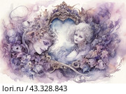 Artistic scene made in watercolor technique with elements of fantasy and romanticism. At the center of the composition are two female portraits, surrounded by abundant floral motifs and decorative elements. The female images appear delicate and ethereal, with flowing lines and detailed facial features. The background of the image is designed in soft pastel colors with a predominance of lilac and pink shades, creating an atmosphere of fairy tales and romance. The painting is framed with a decorative frame with elegant patterns that add completeness and sophistication to the composition. Стоковое AI-изображение, AI-художник Анна Кривицкая / Фотобанк Лори