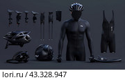Various items of equipment for cyclists. In the center stands a mannequin dressed in a full set of black cycling uniform, including overalls and helmet. Around the mannequin there are additional elements of equipment: several types of saddles, helmets, cycling gloves, as well as protective pads for knees and elbows. All equipment is made in black with a minimalist design. The image has a dark background, which allows you to focus on the details and shape of the equipment presented. Стоковое AI-изображение, AI-художник Анна Кривицкая / Фотобанк Лори