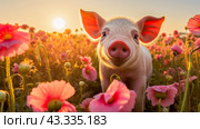 Cute, beautiful pig in a field with flowers in nature, in sunny pink rays. Стоковое AI-изображение, AI-художник ALLA YURTAYEVA / Фотобанк Лори