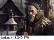 An elderly man with a gray beard and a serious expression, standing against the background of an ancient wooden building in winter. The man is dressed in warm winter clothes and has a hat on his head. In his hands he holds a bundle of firewood or tools. In the background you can see snow-covered trees and an ancient wooden building with a high roof and decorations. The scene is lit with soft winter light, emphasizing the cold and harshness of the winter season. Стоковое AI-изображение, AI-художник Анна Кривицкая / Фотобанк Лори