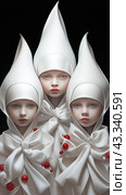 Three girls with pale skin, dressed in snow-white outfits with pointed hoods. Their faces are serious and concentrated, with large expressive eyes and slightly pursed lips. The outfits are decorated with large bows and red balls, which contrast with the white color of the clothes. The background of the image is dark, which emphasizes the purity and brightness of the white color of their outfits. Стоковое AI-изображение, AI-художник Анна Кривицкая / Фотобанк Лори