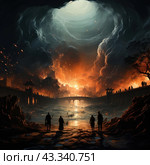 An apocalyptic landscape with a bleak sky covered in stormy clouds and bright flashes of fire. In the foreground you can see a river or lake across which a bridge is thrown. In the distance, silhouettes of burning buildings are visible, and figures of people are visible on the bridge and along its edges. The sky has an alarming light, as if red-hot from an explosion or fire. The water in the river looks restless and stormy. In the center of the composition you can see how the sky seems to open up, creating a mesmerizing but frightening effect. Стоковое AI-изображение, AI-художник Анна Кривицкая / Фотобанк Лори