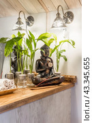 Spathiphyllum cochlearispathum commonly called peace lily growing in water in glass, with buddha. Стоковое фото, фотограф Татьяна Терехина / Фотобанк Лори