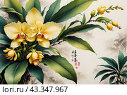 Акварель. Китайский, японский стиль рисования тушью. Цветы. Watercolour. Chinese, Japanese ink painting style. Flowers. Стоковое AI-изображение, AI-художник Гер Олег / Фотобанк Лори