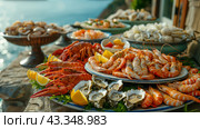 Fresh Seafood Platter on a Coastal Table With Ocean View. Стоковое AI-изображение, AI-художник Сергей Толмачёв / Фотобанк Лори