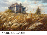 An old, abandoned house standing in the middle of a dense field overgrown with tall grass and autumn plants. The house, designed in a classic style with a pediment and a balcony, looks abandoned and dilapidated. The windows and walls of the building are covered with wild plants and vines, adding to the feeling of abandonment and natural encroachment. Around the house and in the foreground of the picture you can see grass stems swaying in the wind, painted in golden brown and beige shades. The sky above the house is cloudy with occasional glimpses of blue, creating the feeling of an autumn day with a light breeze. Стоковое AI-изображение, AI-художник Анна Кривицкая / Фотобанк Лори