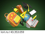 Школа. Школьные принадлежности облегчают ребенку процесс обучения. Школьные предметы парят на темно-зеленом фоне. Иллюстрации школьных предметов в мультяшном стиле. 3d-рендеринг. Стоковая иллюстрация, иллюстратор Юлия Мелешина / Фотобанк Лори