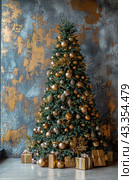 Flocked Christmas Tree With Lights and Decorations in Front of a Window. Стоковое AI-изображение, AI-художник Юлия Гапеенко / Фотобанк Лори