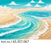 Art beach scene with gentle waves, sandy shoreline. Bright colors create peaceful atmosphere. Generated AI. Sunny beach holidays travel concept. Copy space. Sunny tropic paradise. Plage background. Стоковое AI-изображение, AI-художник Юлия Петровская / Фотобанк Лори