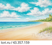 Art beach scene with gentle waves, sandy shoreline. Bright colors create peaceful atmosphere. Generated AI. Sunny beach holidays travel concept. Copy space. Sunny tropic paradise. Plage background. Стоковое AI-изображение, AI-художник Юлия Петровская / Фотобанк Лори