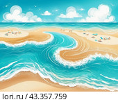 Art beach scene with gentle waves, sandy shoreline. Bright colors create peaceful atmosphere. Generated AI. Sunny beach holidays travel concept. Copy space. Sunny tropic paradise. Plage background. Стоковое AI-изображение, AI-художник Юлия Петровская / Фотобанк Лори